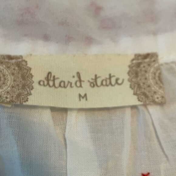 Altar'd State Shirred Tie Shoulders Top White Red Tan Pattern Sheer Cotton Crop - Picture 4 of 6